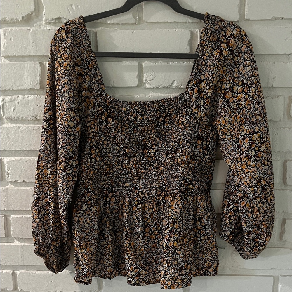 Madewell Black and Mustard Smocked Floral Peplum Top